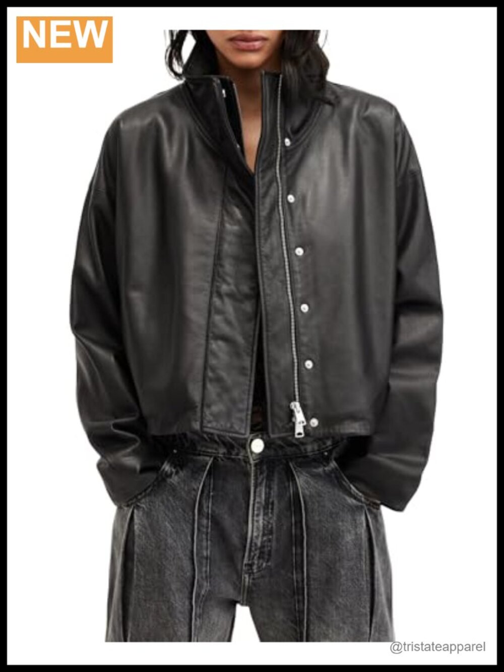 100% Sheep Leather Biker Jacket Funnel Neck Relaxed Fit